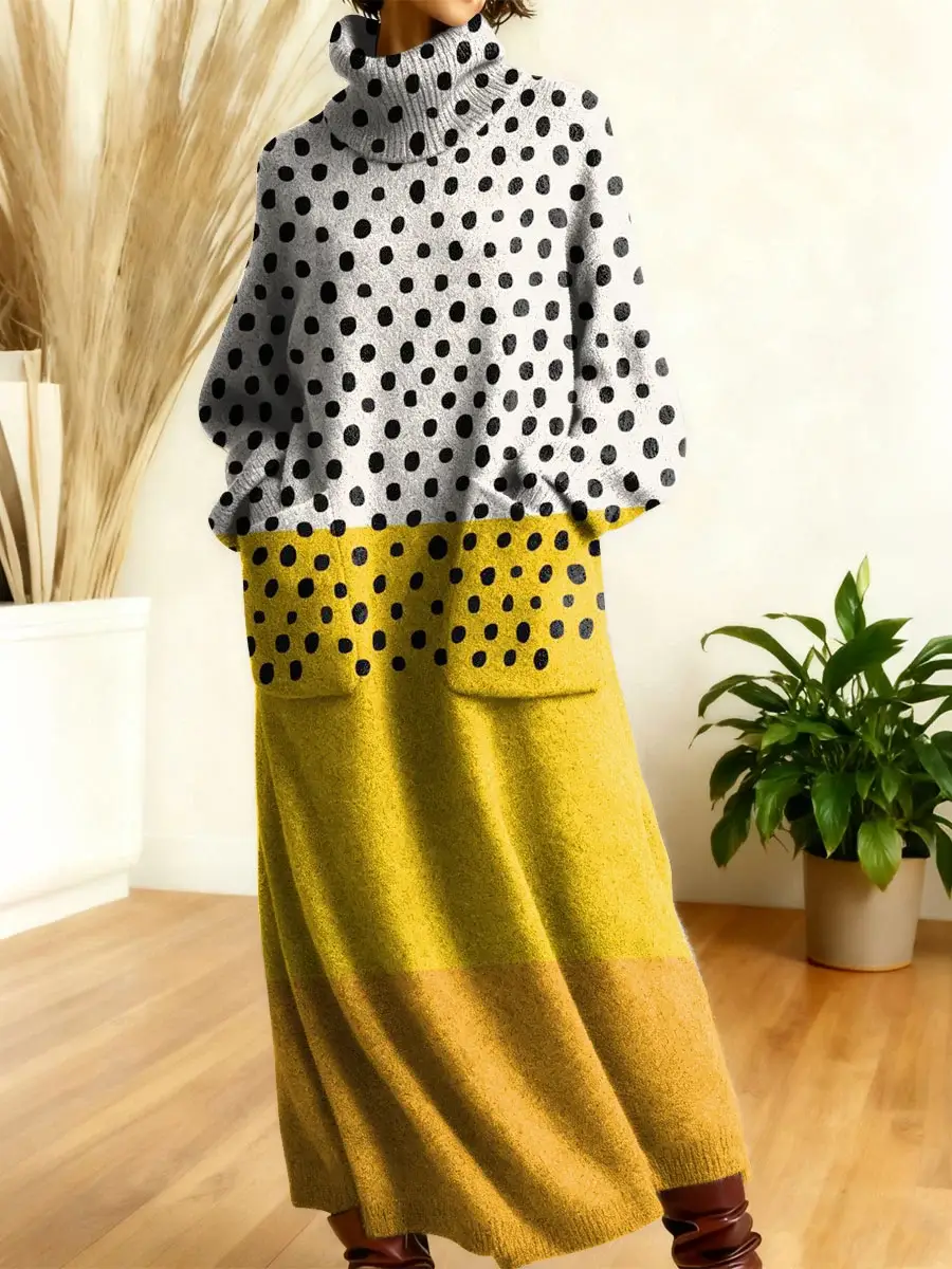 🔥Summer Arrivals🌟Women's Retro Abstract Geometric Colorful Splicing Patterns Art High-neck Long-sleeve Casual Loose Knit Dress