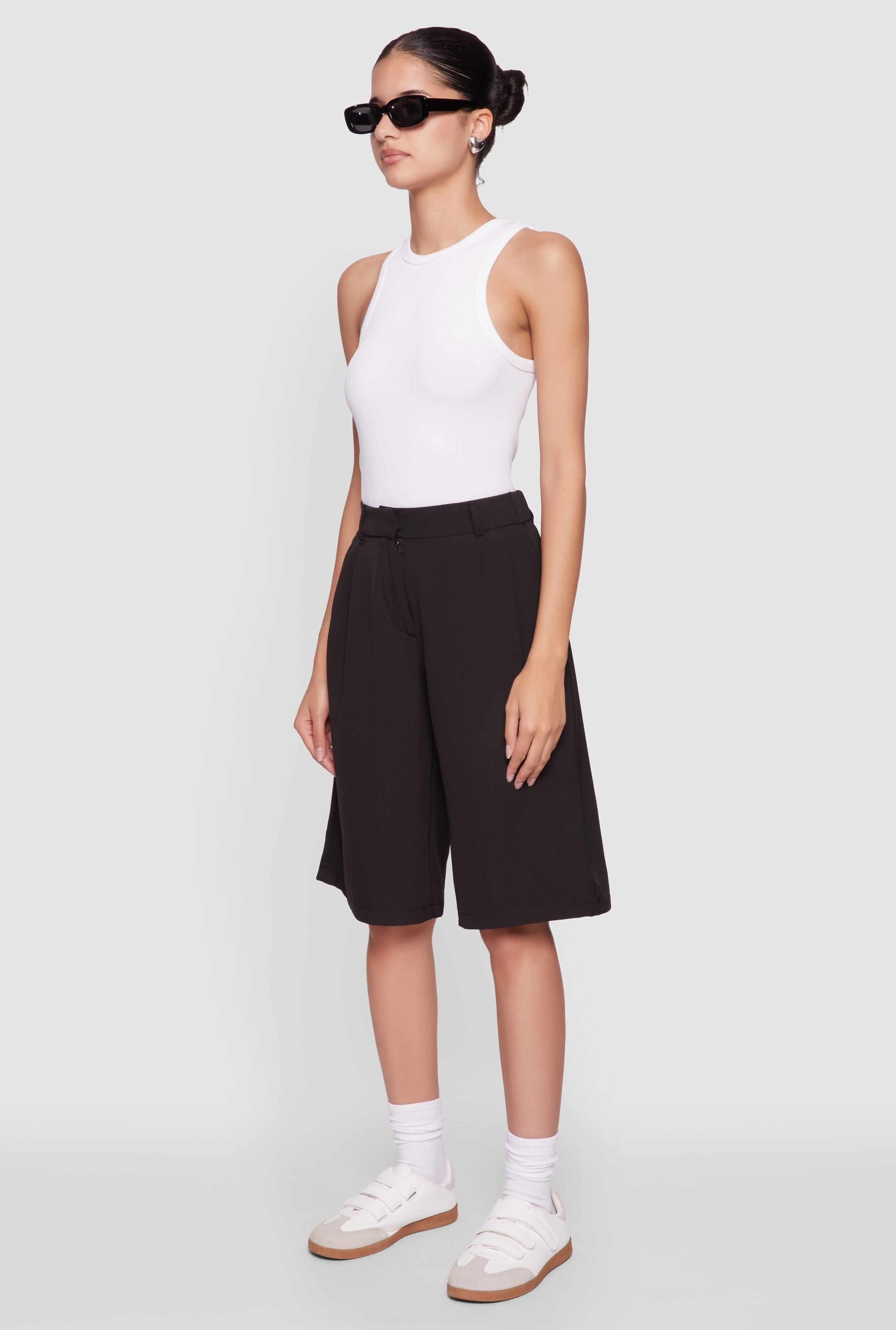 High Waisted Crepe Knit Tailored Bermuda Shorts