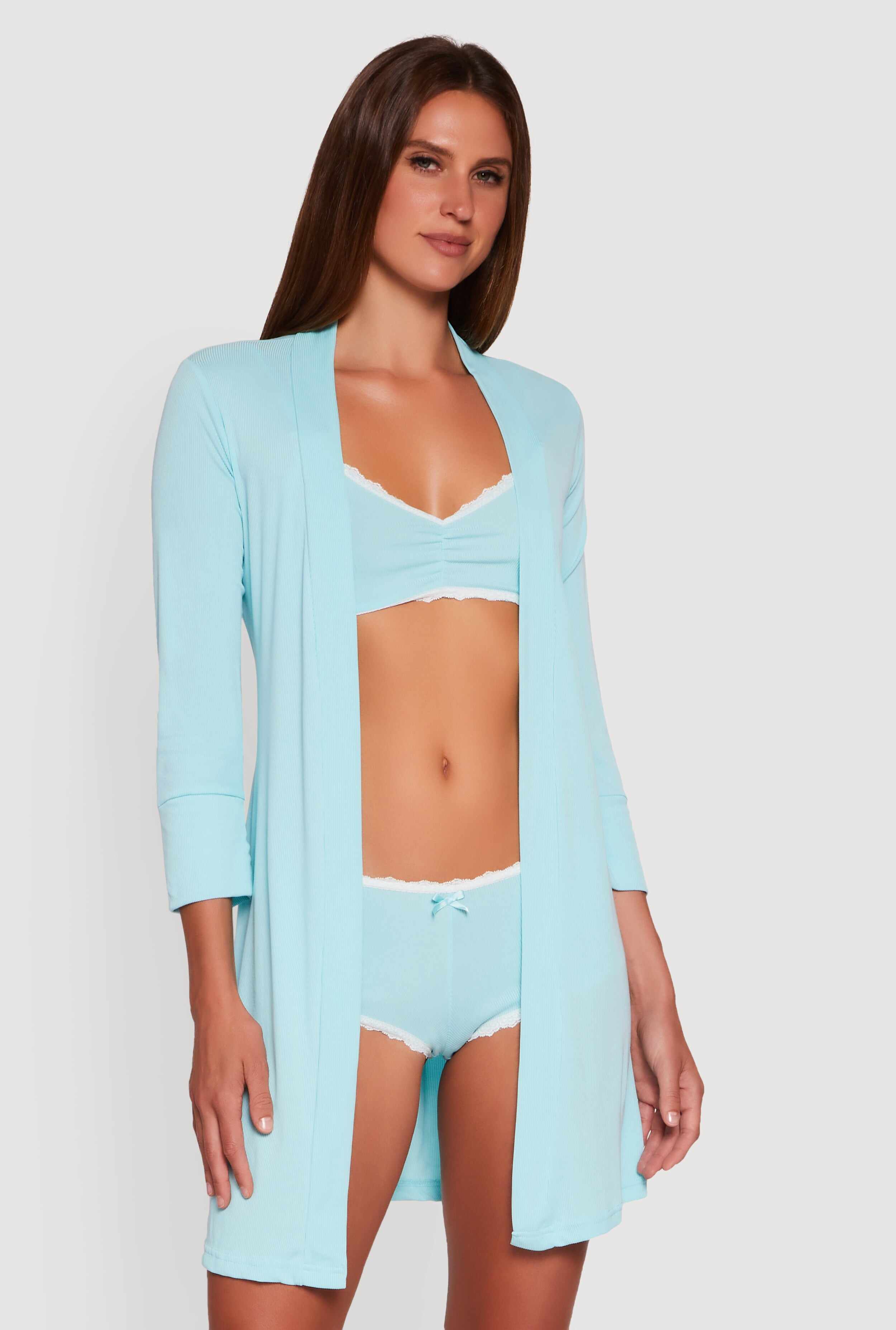 Rib Knit Pajama Bralette and Boyshort Panty with Robe