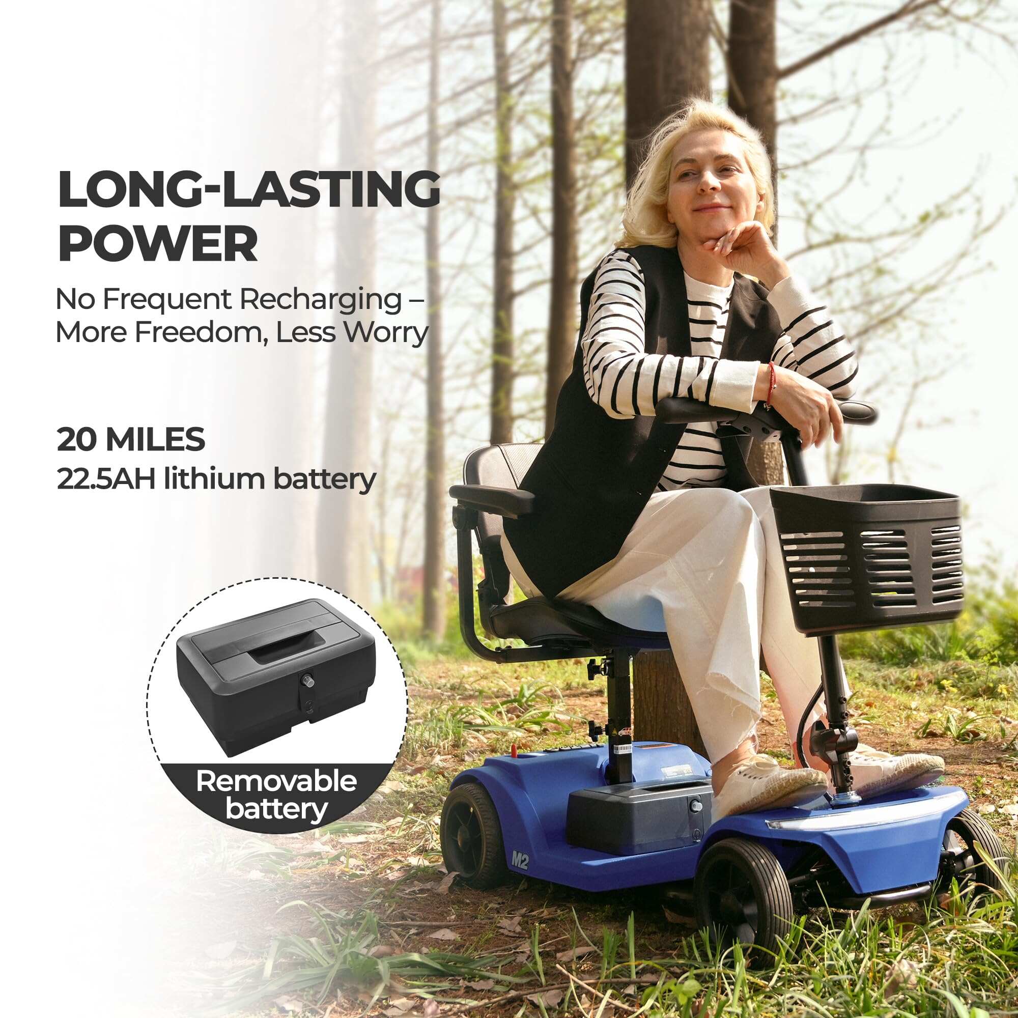 New electric four-wheeled mobility scooter boasts a 20 miles range, a 300lb load-bearing capacity, fast charging, and smartphone control