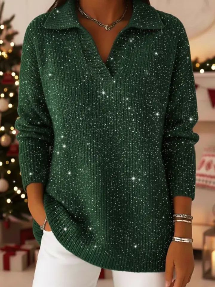 🔥Summer Arrivals🌟Christmas Party Polo Collar Shiny Loose Sweater Top