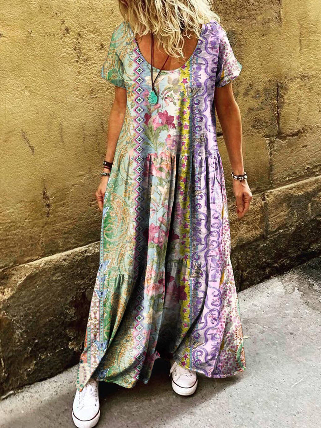 Women's  Vintage Floral Art Print Pocket Short Sleeve Cotton Dress