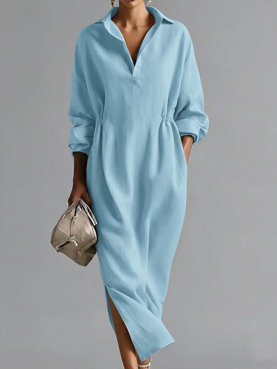🔥Summer Arrivals🌟Women's Solid Color Lapel Long-sleeved Casual Loose Cotton Dress