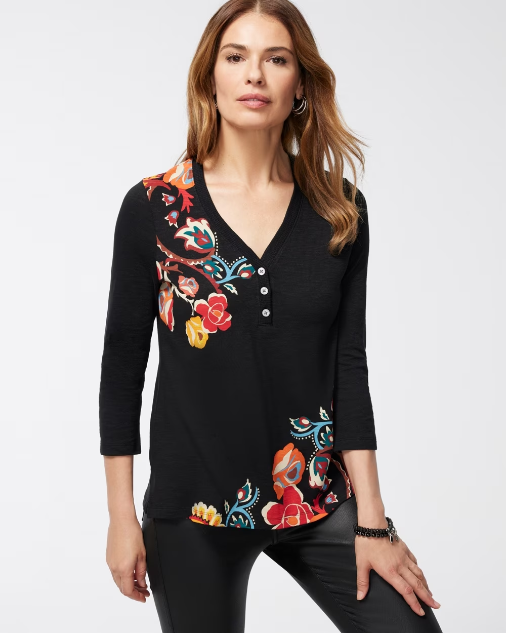 Paisley Ribbed 3/4 Sleeve Henley Tee