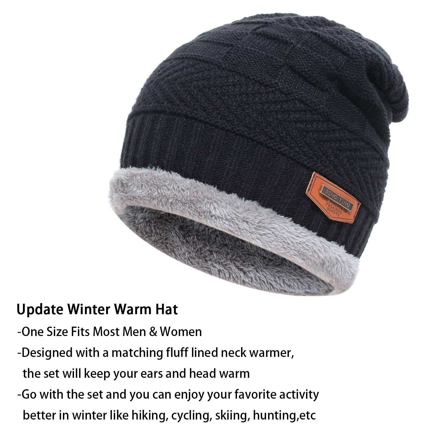 Mens Womens Winter Beanie Hat Scarf Set Warm Knit Hat Thick Fleece Lined Winter Cap