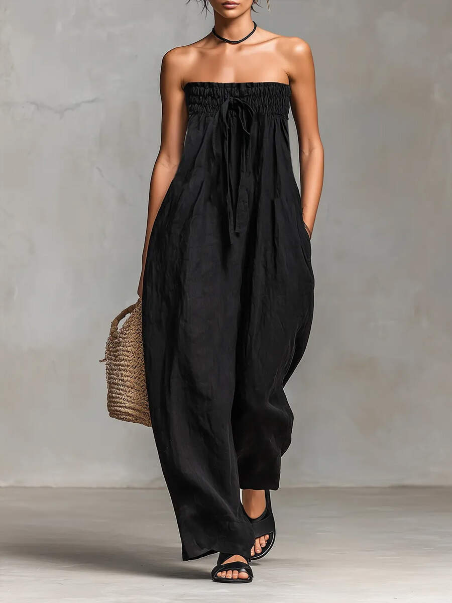 🔥Summer Arrivals🌟Women's Solid Color Strapless Casual Loose Cotton And Linen Jumpsuit