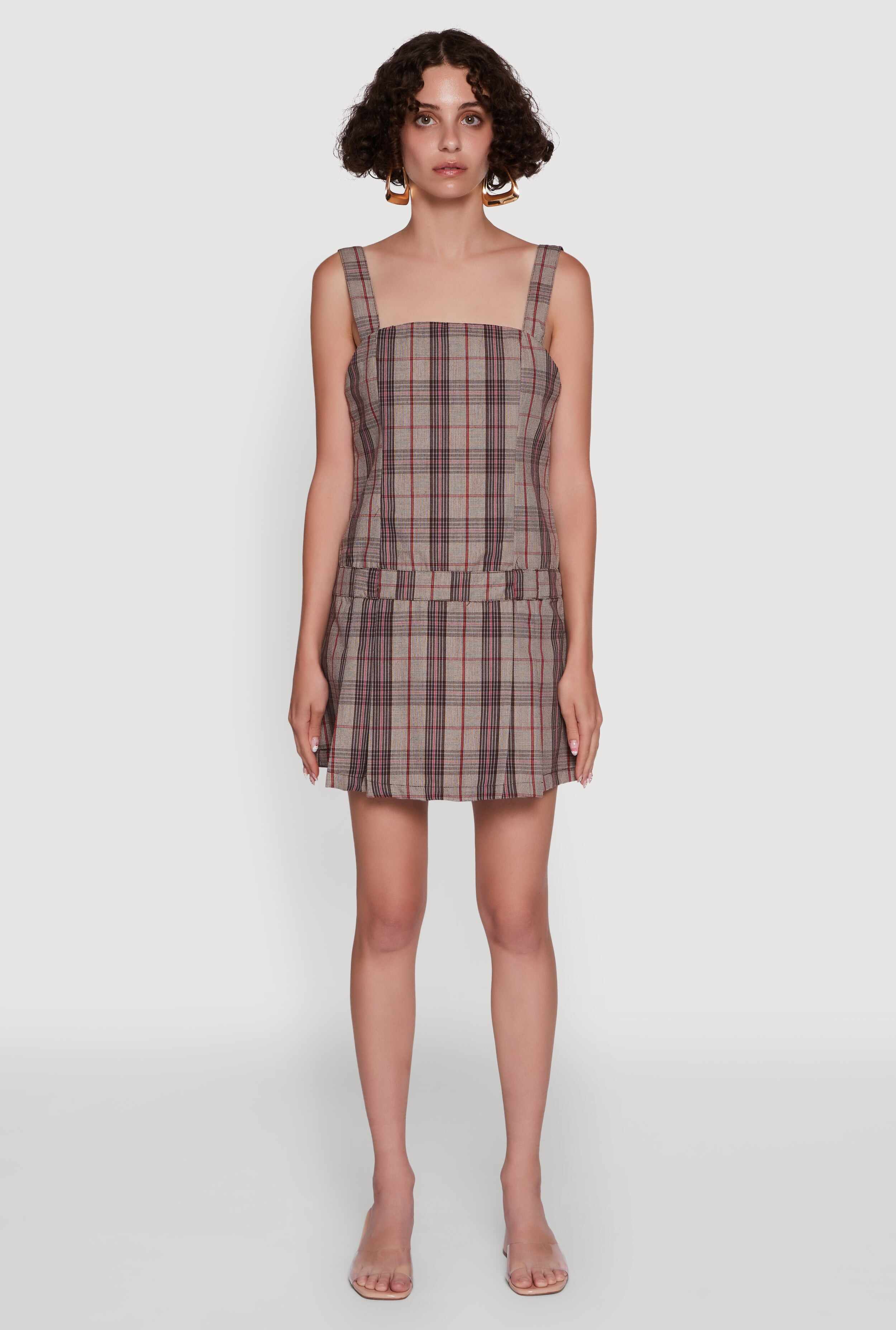 Plaid Square Neck Sleeveless Pleated Hem Dress