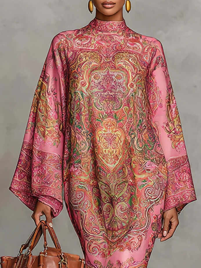 Pink Paisley Print Flared Long Sleeve Loose Midi Dress
