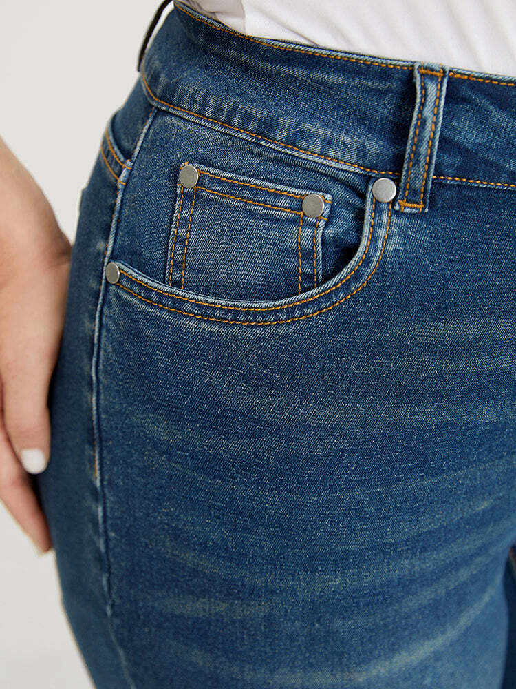 Very Stretchy High Rise Medium Wash Ripped Detail Cropped Jeans