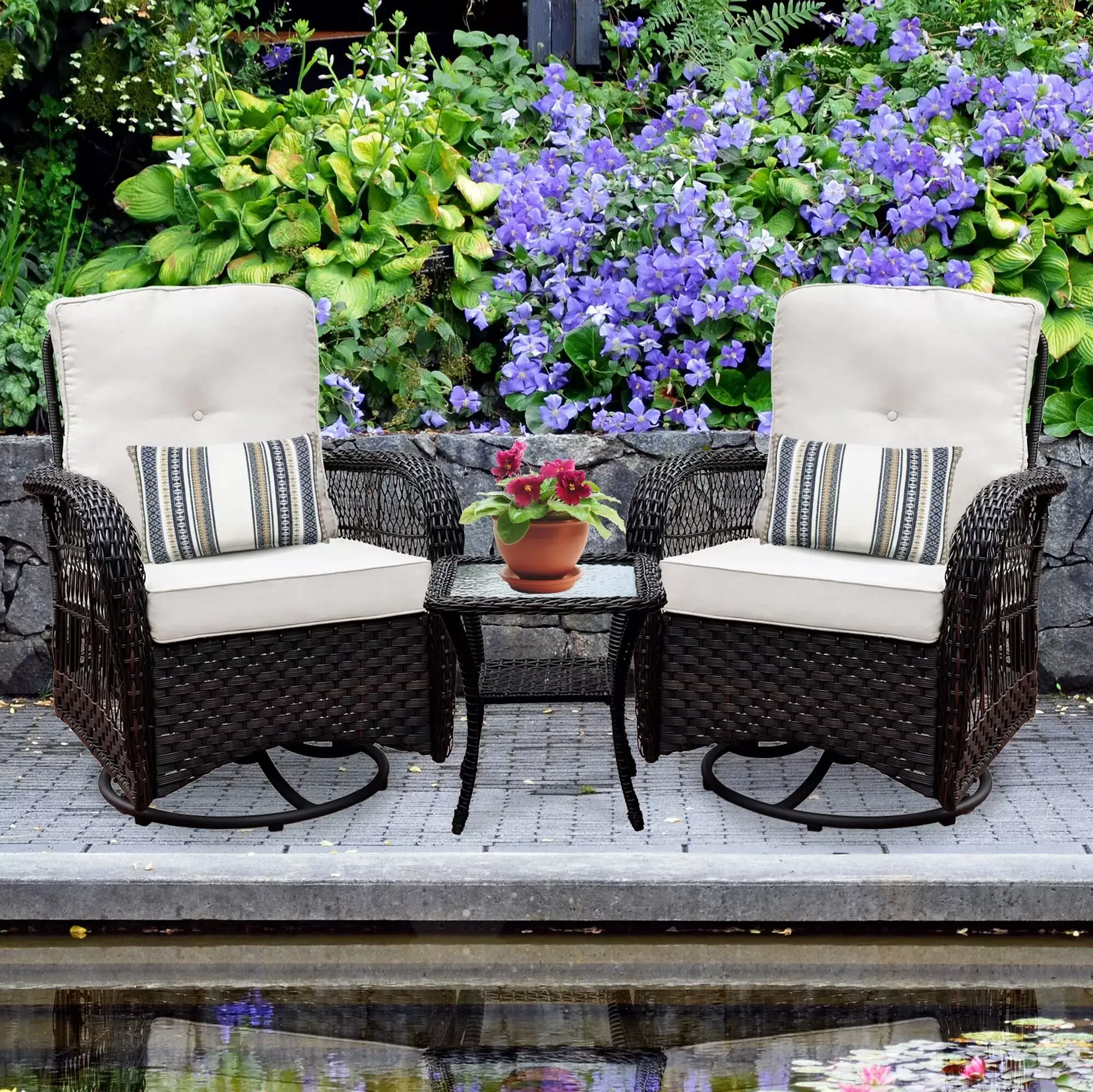 Outdoor Swivel Rocker Patio Chairs Set of 2 and Matching Side Table - 3 Piece Wicker Patio Bistro Set with Premium Fabric Cushions Outdoor Furniture (Dark Wicker Chair Beige Cushion)