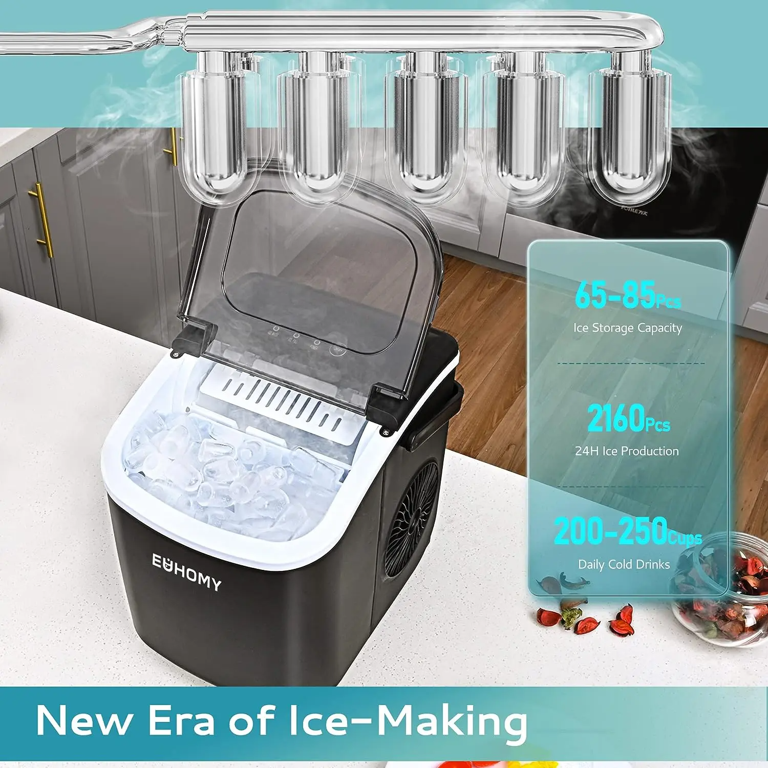Ice Maker Countertop with Handle, 26lbs in 24Hrs, 9 Ice Cubes Ready in 6 Mins, Auto-Cleaning Portable Ice Maker with Basket and Scoop, for Home/Kitchen/Camping/RV. (2026 New Silver) Utensils