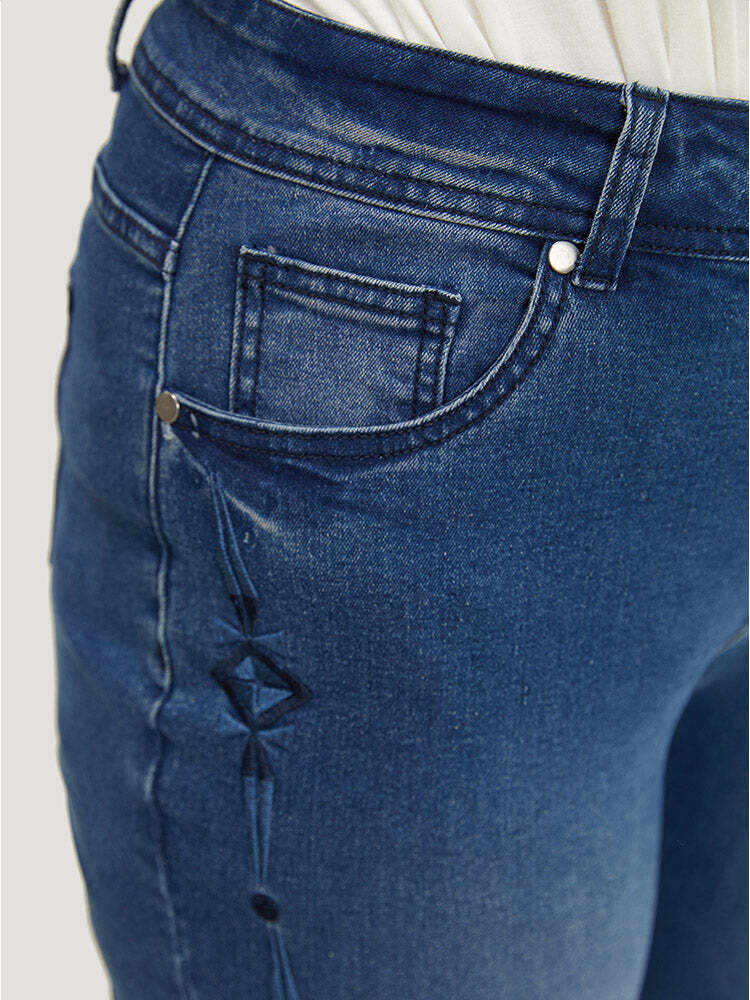 Very Stretchy Medium Wash Geometric Embroidered Jeans