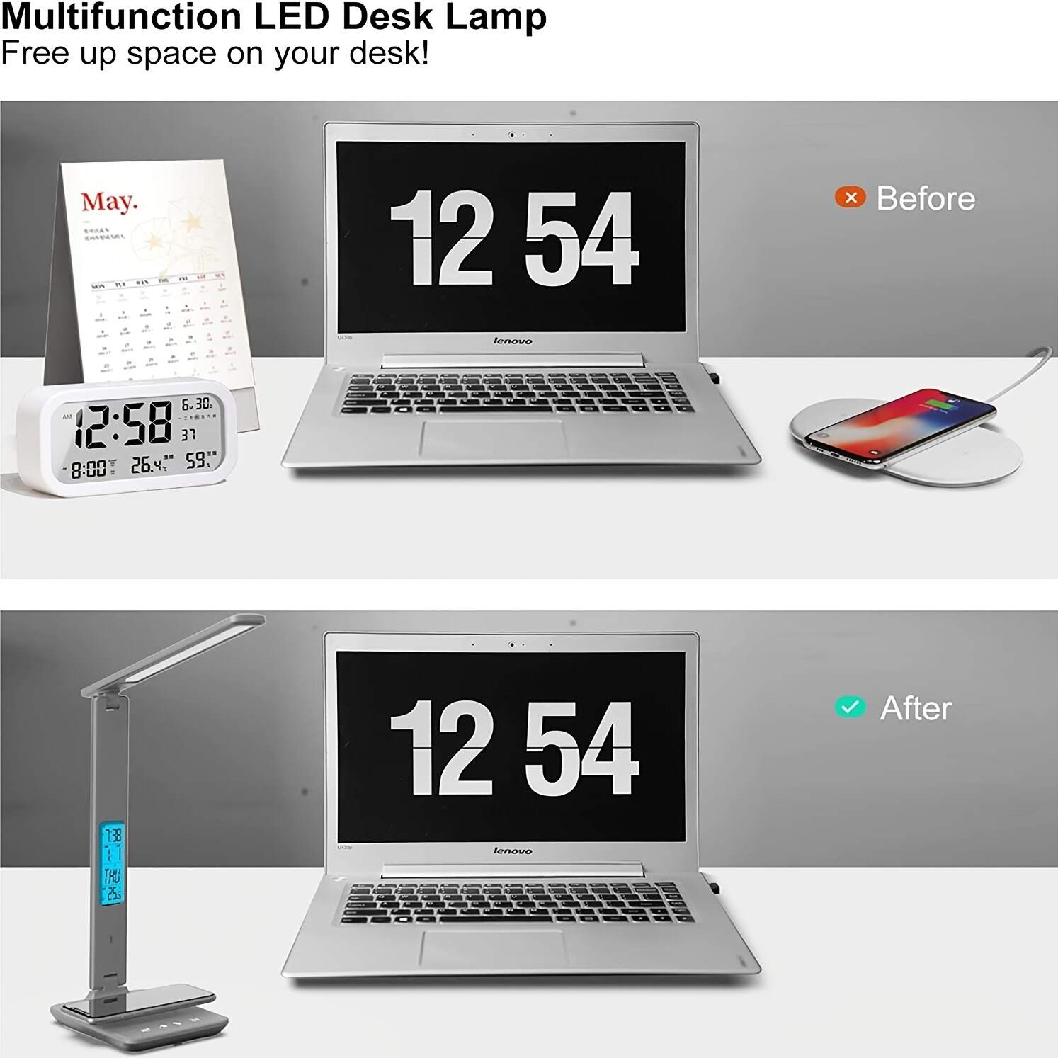 1pc OTHAI LED Desk Lamp, Office Table Lamp With Wireless Charger, Suitable For Home, Office Dimmable Desk Lamp, With USB Charging Port, Built-in Clock, Calendar, Thermometer And Reading Desk Lamp