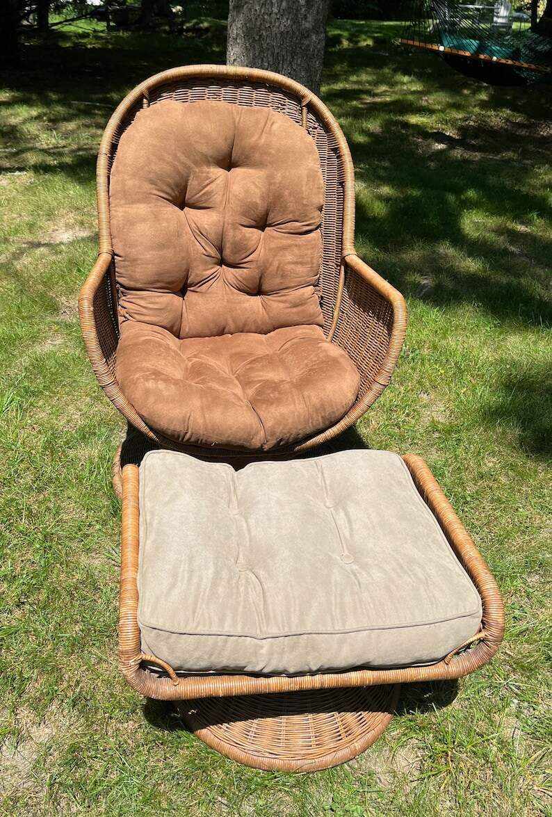Rattan Egg Chair & Ottoman Swivels Tilts Tufted Cushions Boho Chic Mid Century Modern *Shipping is NOT included. Ask for a quote.*