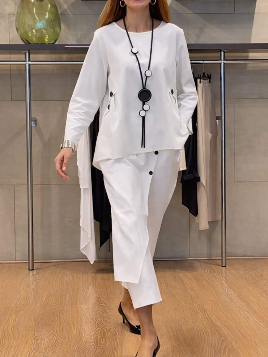 🔥Summer Arrivals🌟Women's Solid Color Round Neck Long Sleeve Casual Loose Top And High Waist Casual Loose Wide Leg Pants Cotton Set