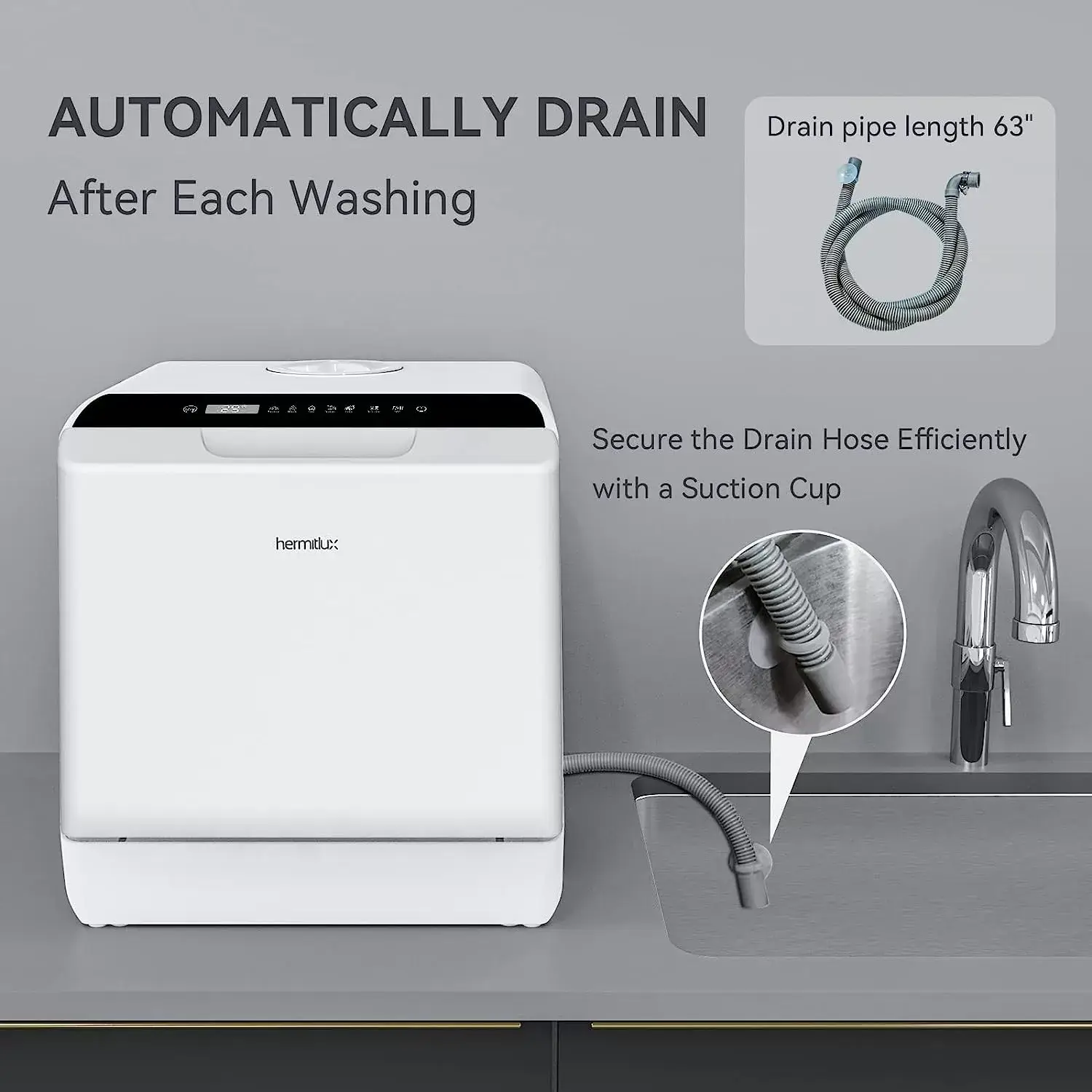 Hermitlux Countertop Dishwasher, 5 Washing Programs Portable Dishwasher With 5-Liter Built-in Water Tank, No Hookup Needed