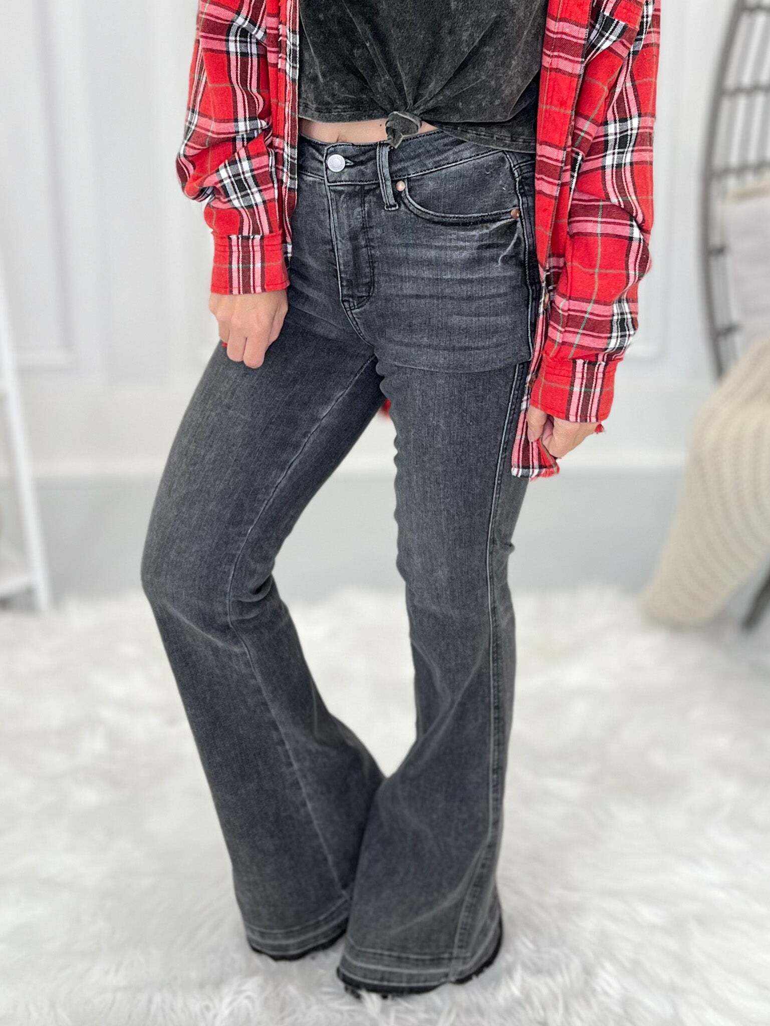 Double Dipped - Christmas Shadow Hem Flare Jeans- Final Sale