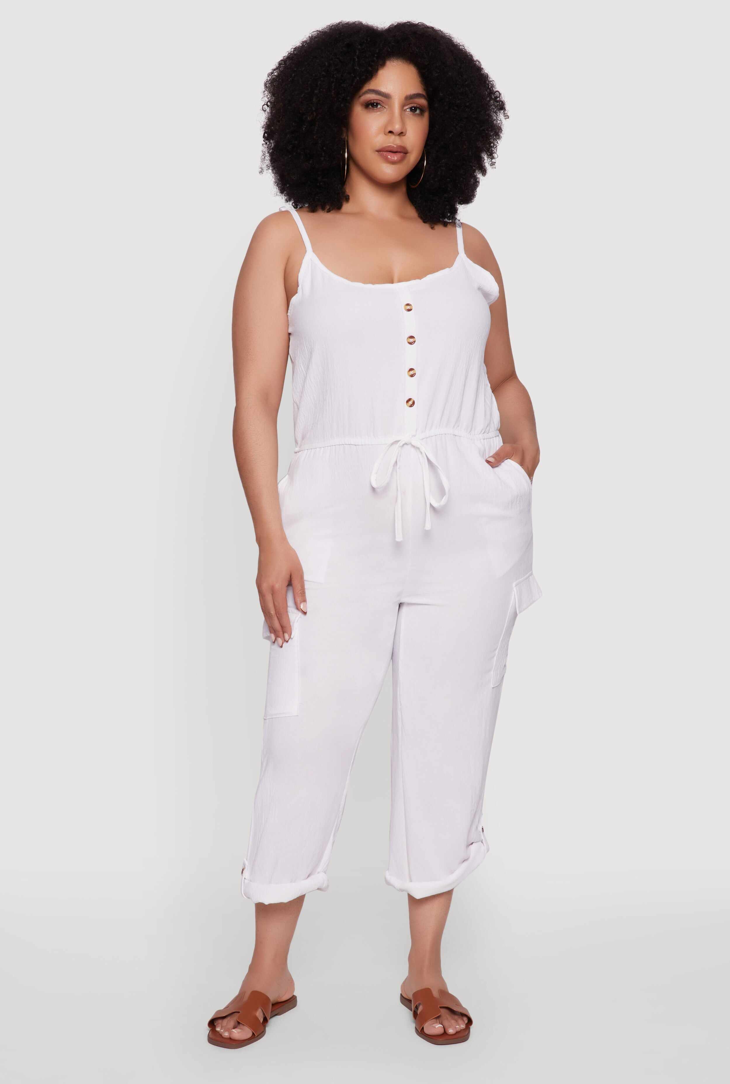 Plus Size Sleeveless Cargo Jumpsuit with Rolled Cuffs