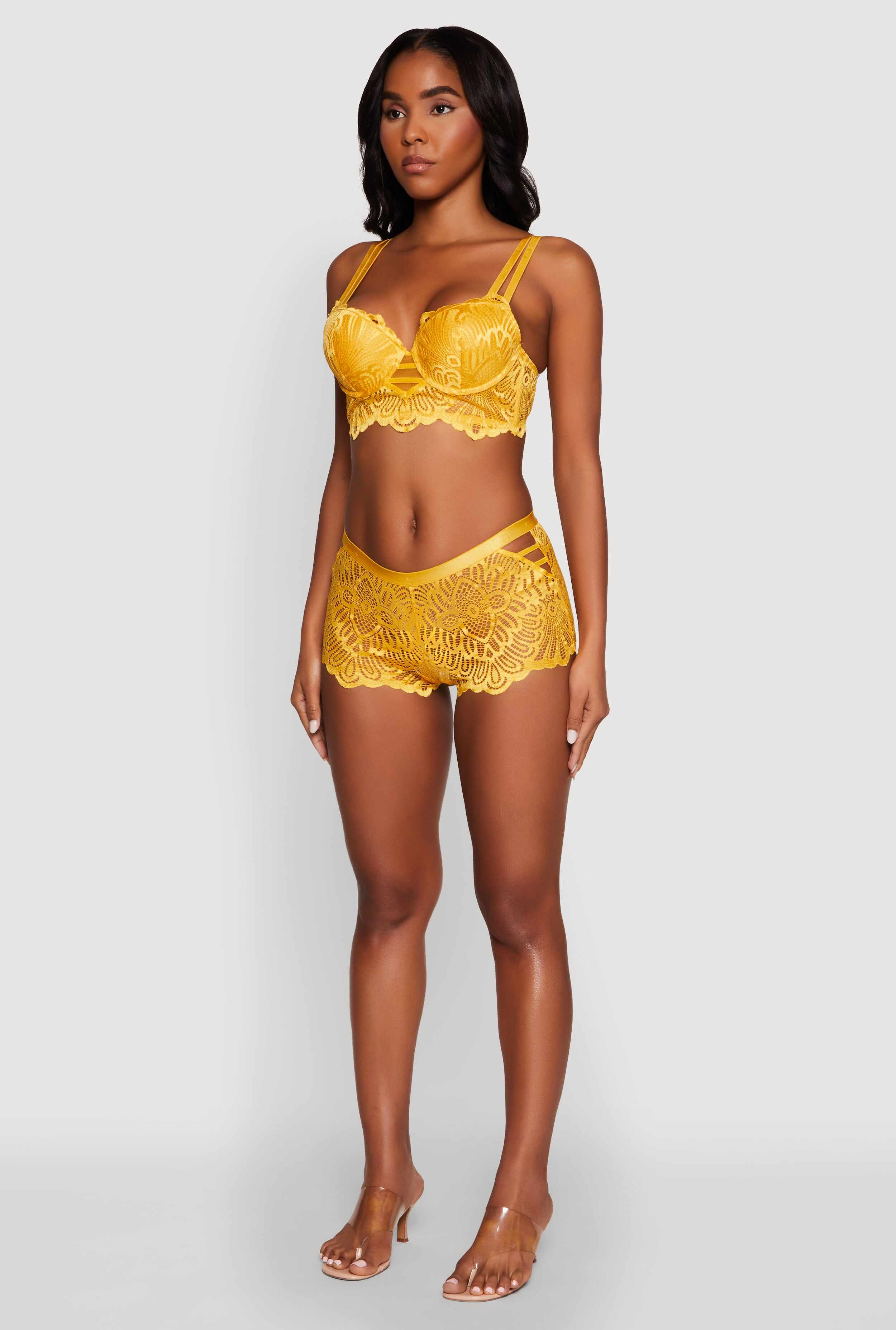 Trendy Caged Patterned Lace Trim Longline Double Strap Push Up Bra