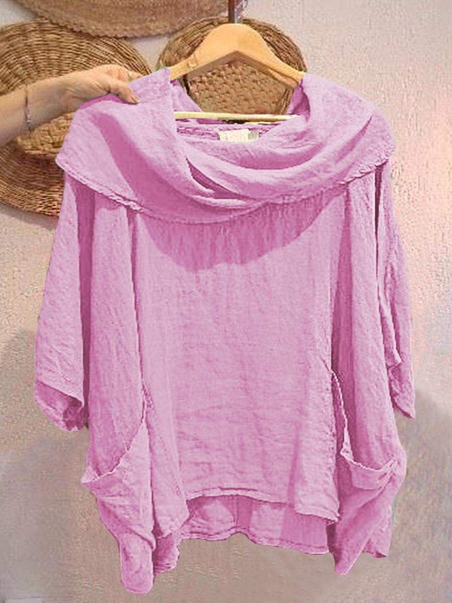 🔥Summer Arrivals🌟Women's Solid Color Draped Neck 3/4 Sleeve Comfortable Casual Linen Pocket Top