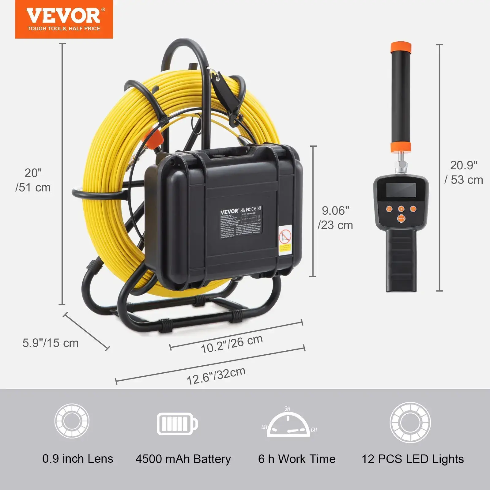 Sewer Camera,  Pipeline Inspection Camera with DVR Function, IP68 Camera with 12 Adjustable LEDs, A 16 GB SD Card for Sewer Line, Home, Duct Drain Pipe Plumbing