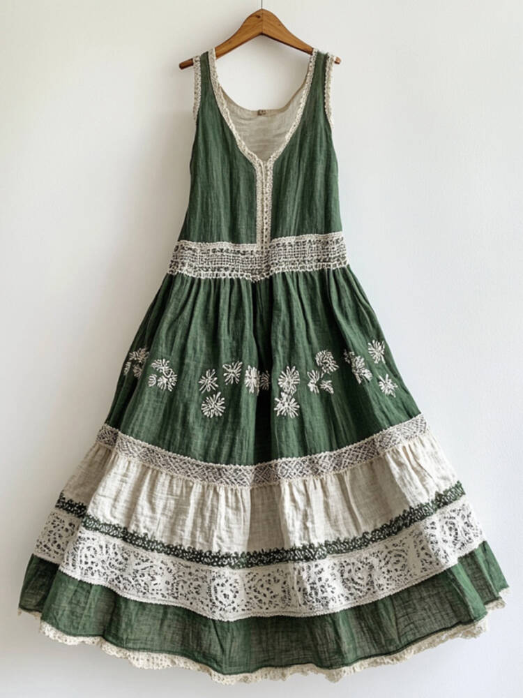 Vintage Lace Flowers Art Linen V Dress