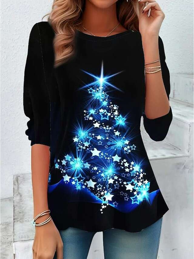 Women's Christmas Sweatshirt Long Sleeve Ombre Holiday Tree Snowflake Print Casual Red White Winter Cozy Festive Pullover Top