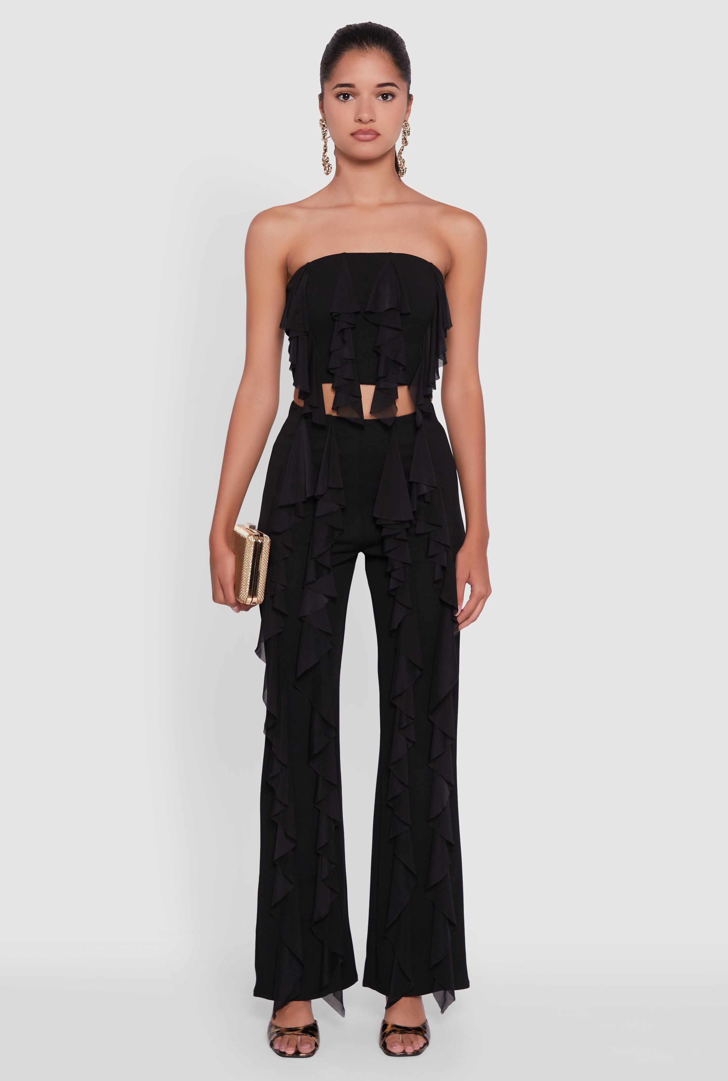 Ruffle Trim High Waisted Flared Leg Pants