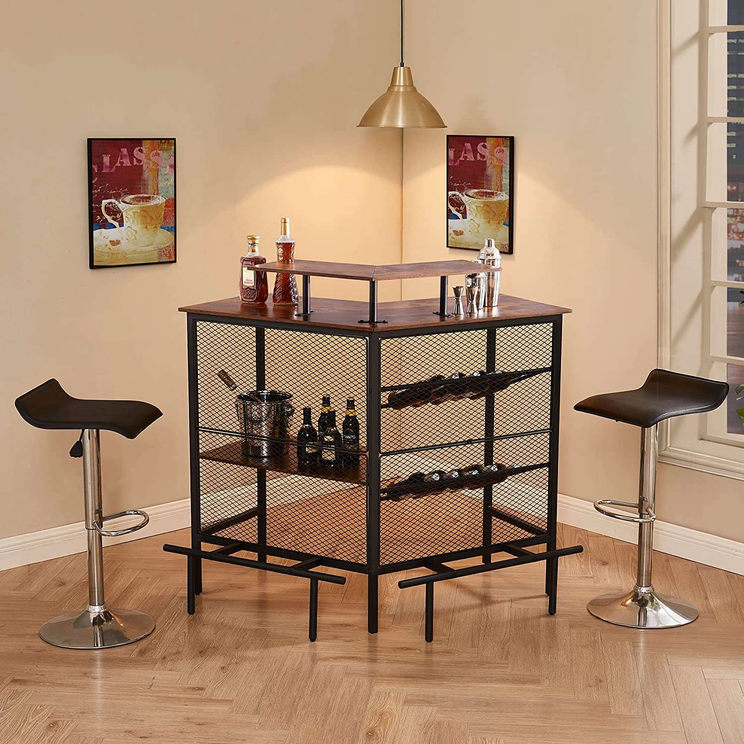 VECELO Bar Unit, 3 Tier Liquor Cabinet with Metal Mesh Front