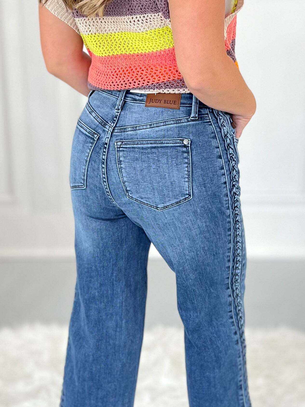 Boho Blues - Christmas Braided Sideseam Cropped Wide Leg Jeans- Final Sale