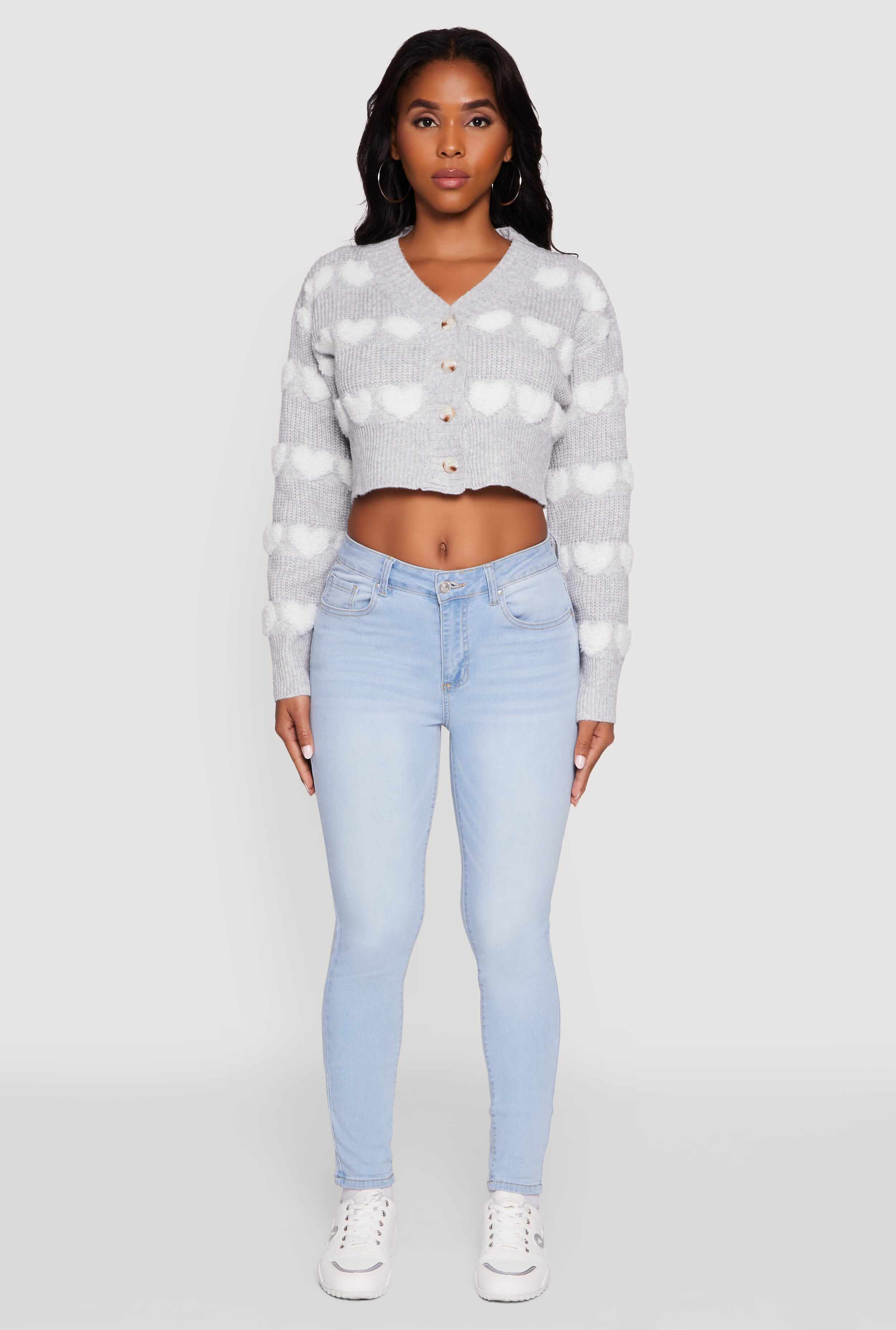 Chenille Heart Patterned Brushed Knit Cropped Cardigan