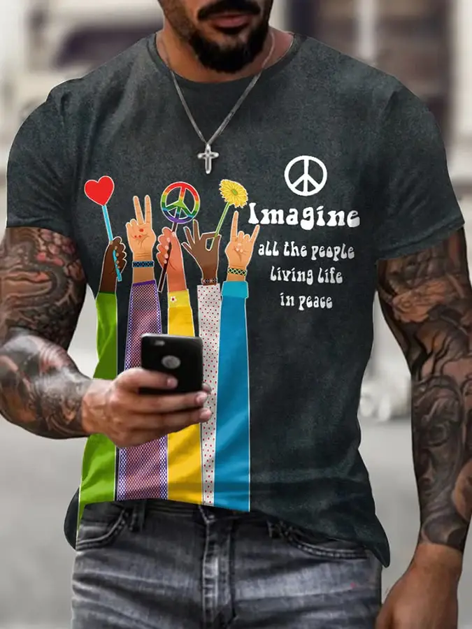 Retro Hippie Imagine All The People Living Life In Peace Print T-Shirt