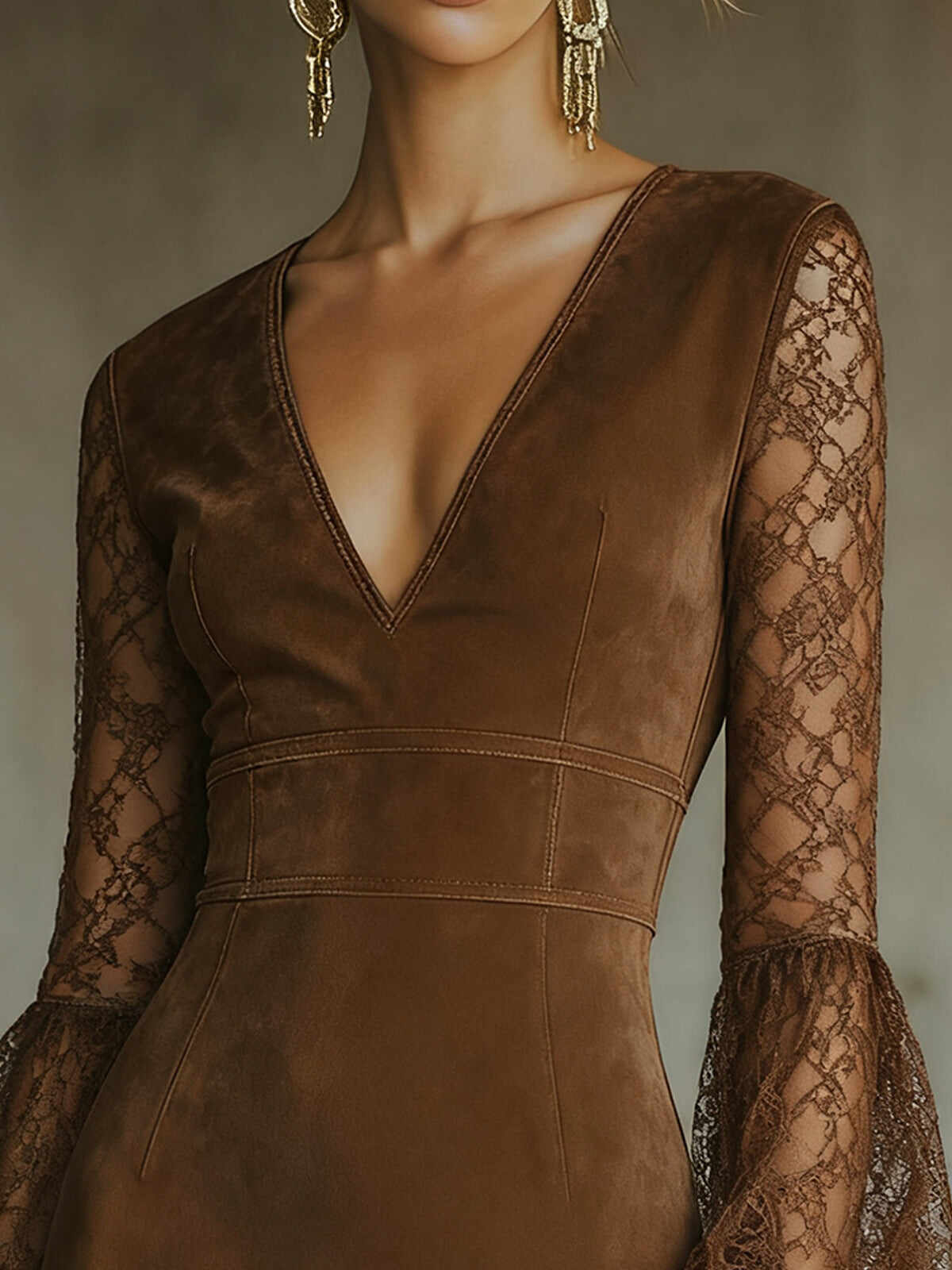 Brown Faux Suede Mini Dress With Lace Sleeves And Fringed Hem