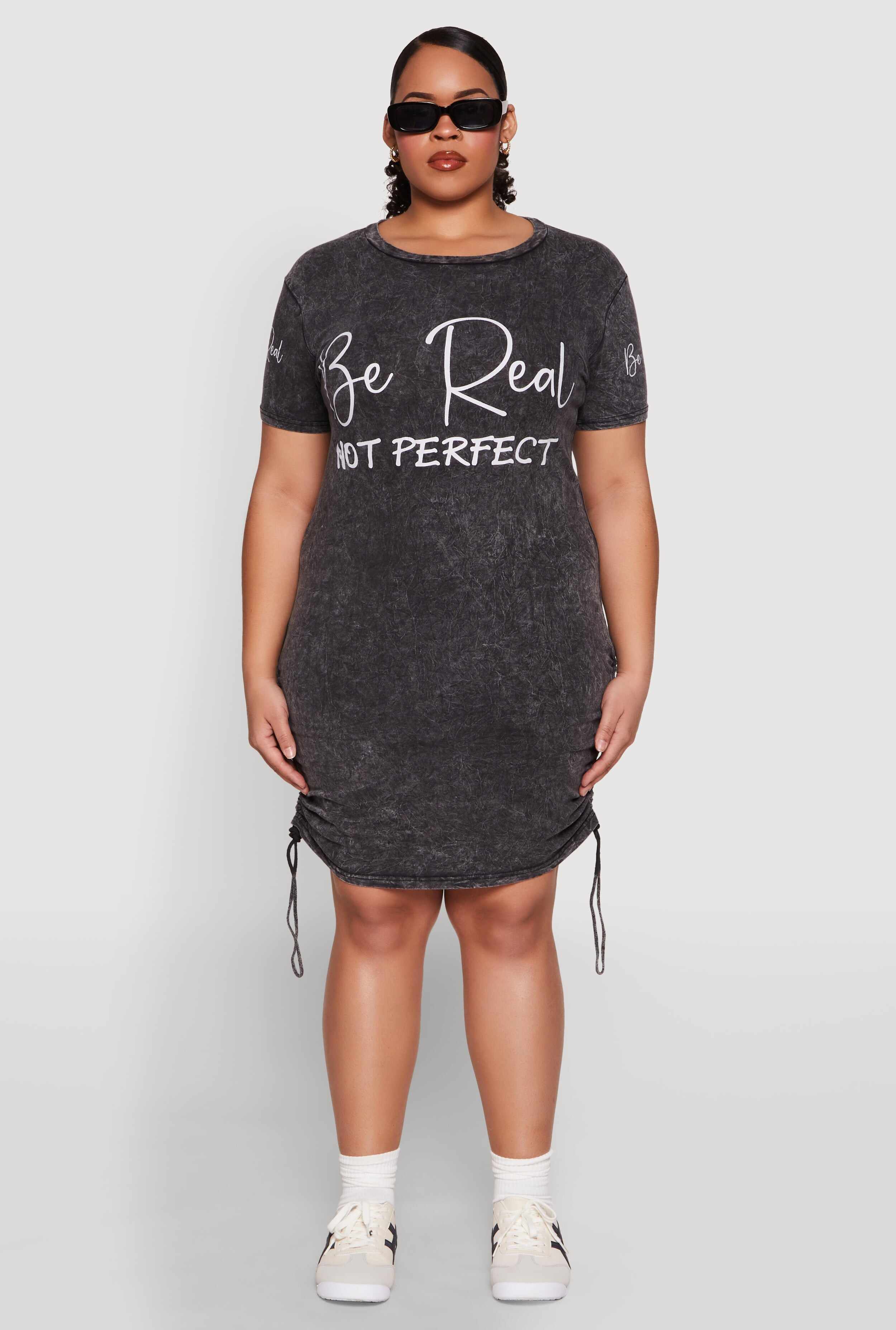 Plus Size Be Real Not Perfect Ruched T Shirt Dress