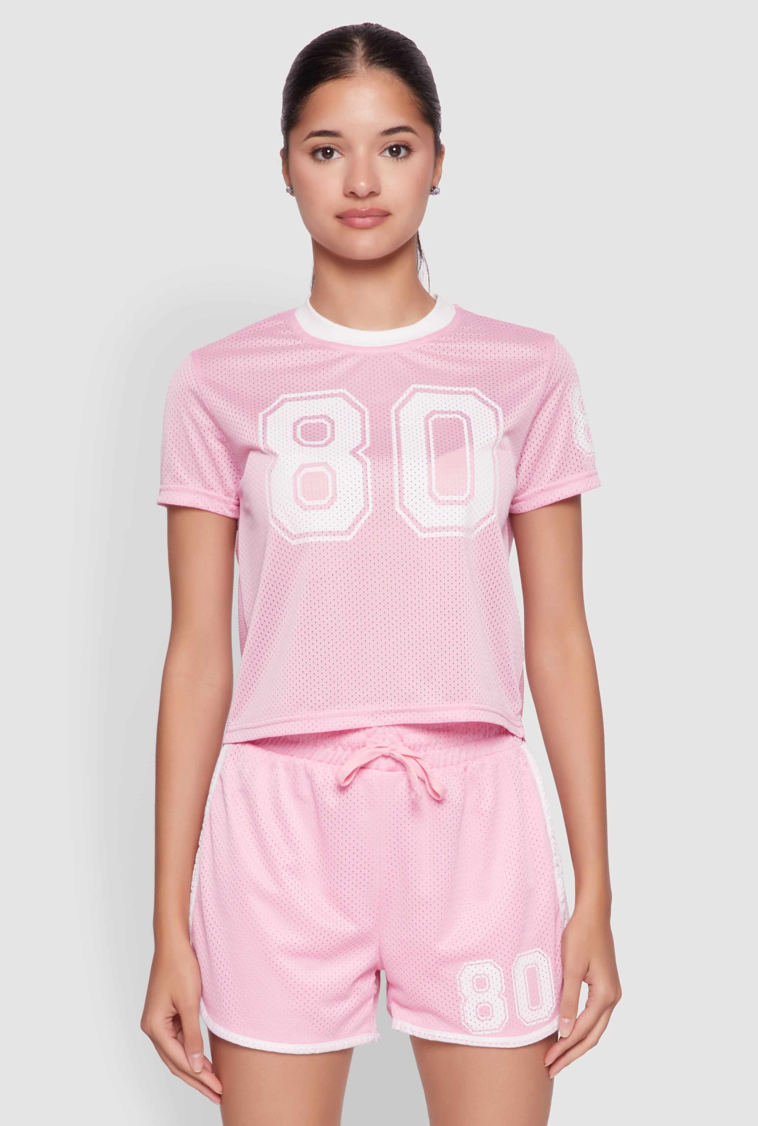 Graphic Jersey Mesh Crew Neck Top
