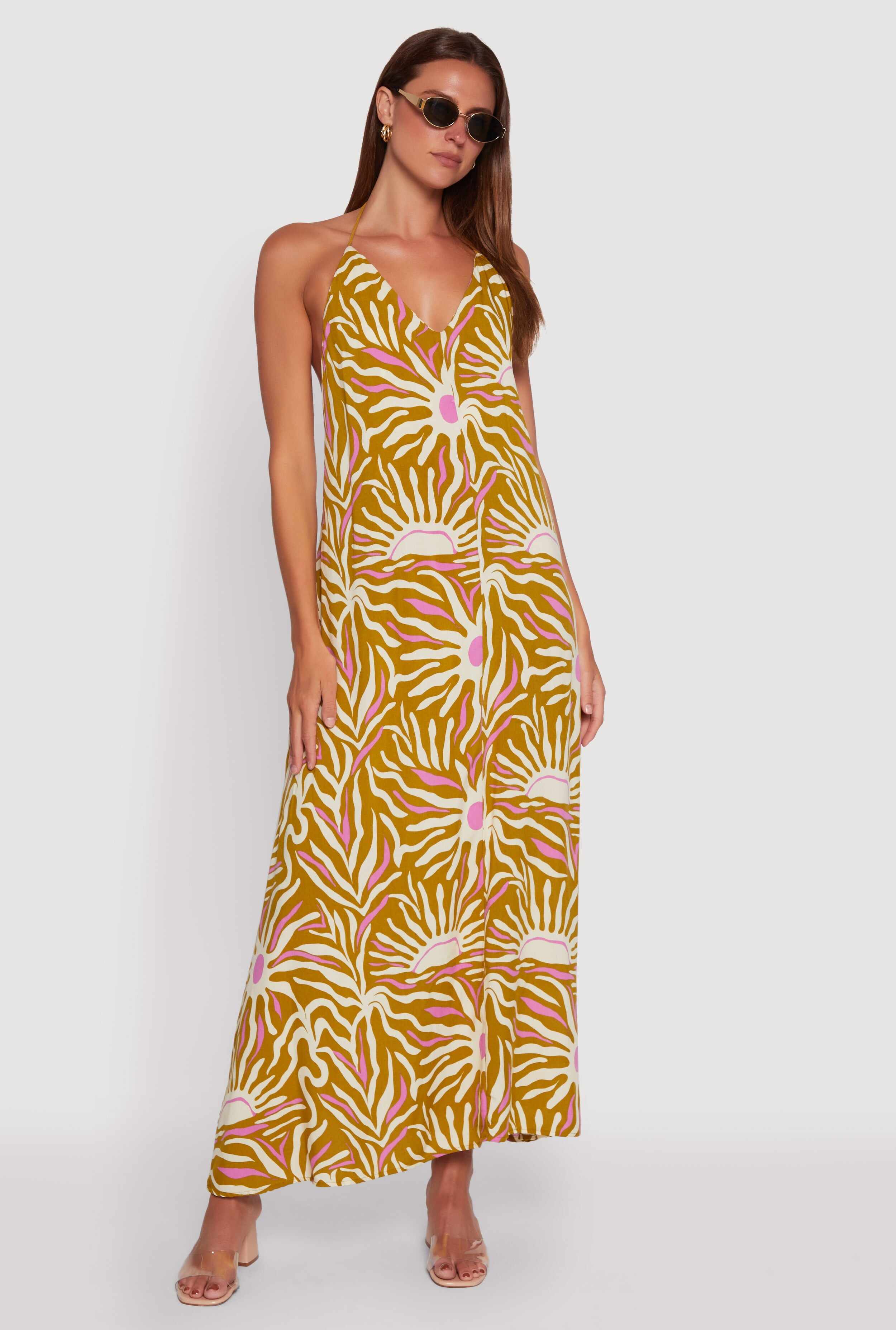 Sun Print Caged Low Back Rope Halter Maxi Dress