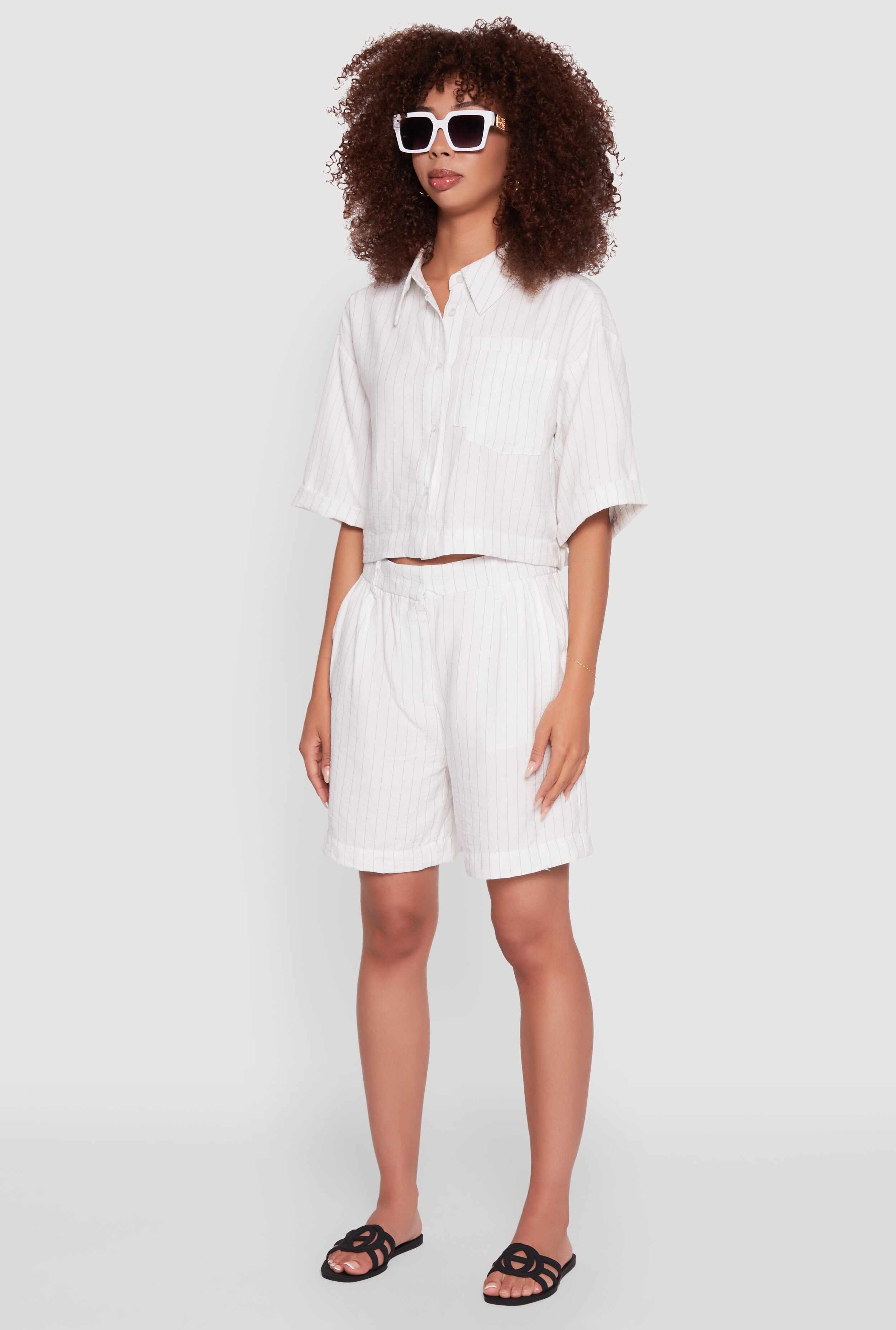 Pinstripe Cropped Button Front Shirt