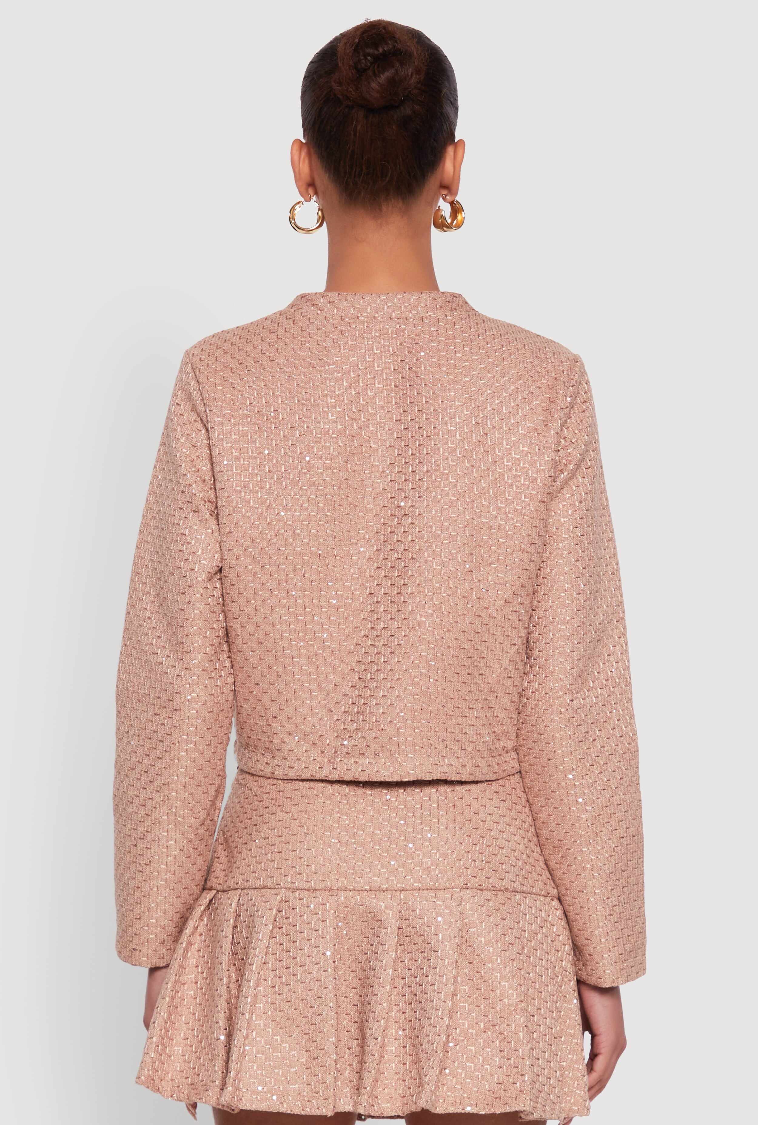 Tweed Flap Pocket Cropped Button Front Blazer