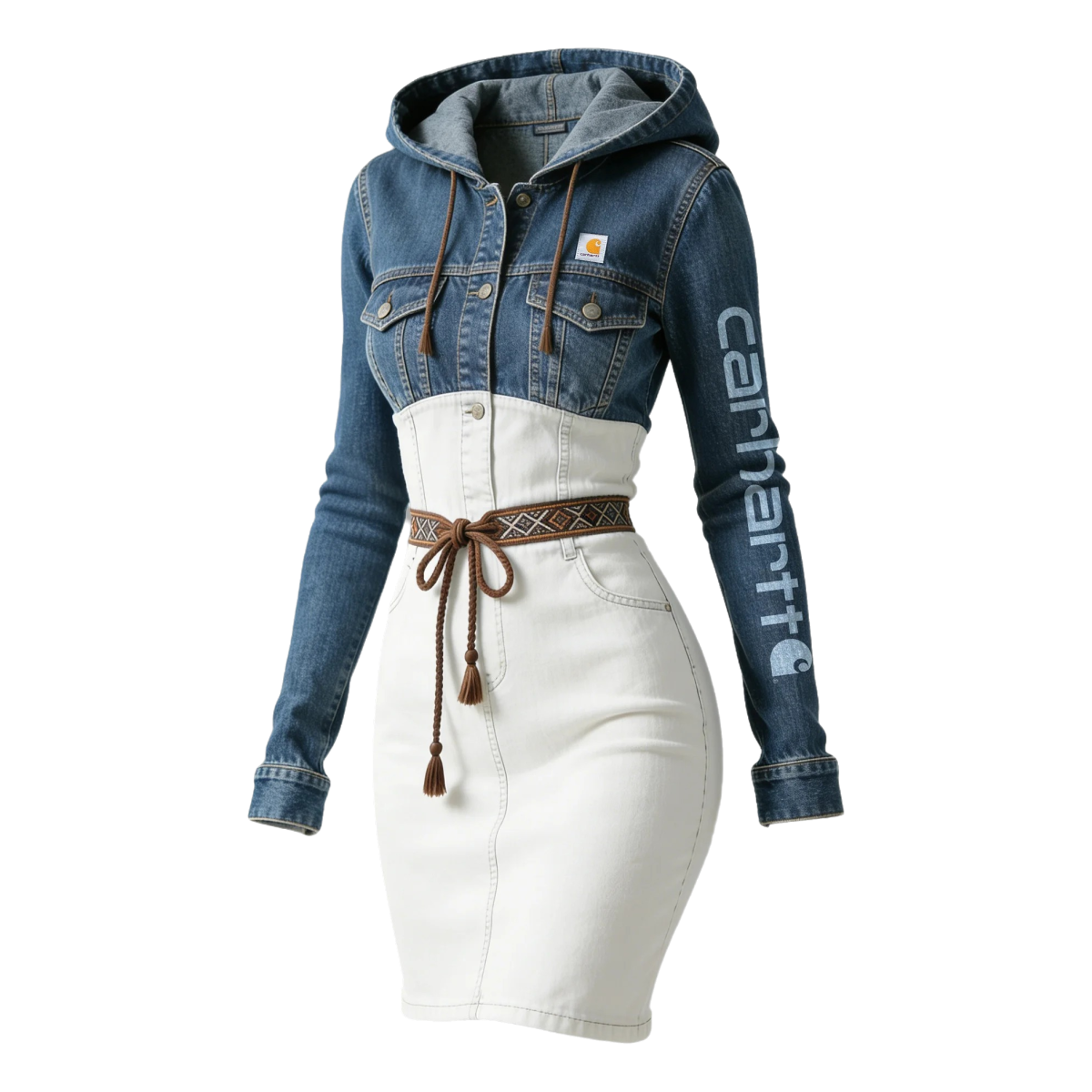 Hooded Denim and White Panel Dress with Belted Waist
