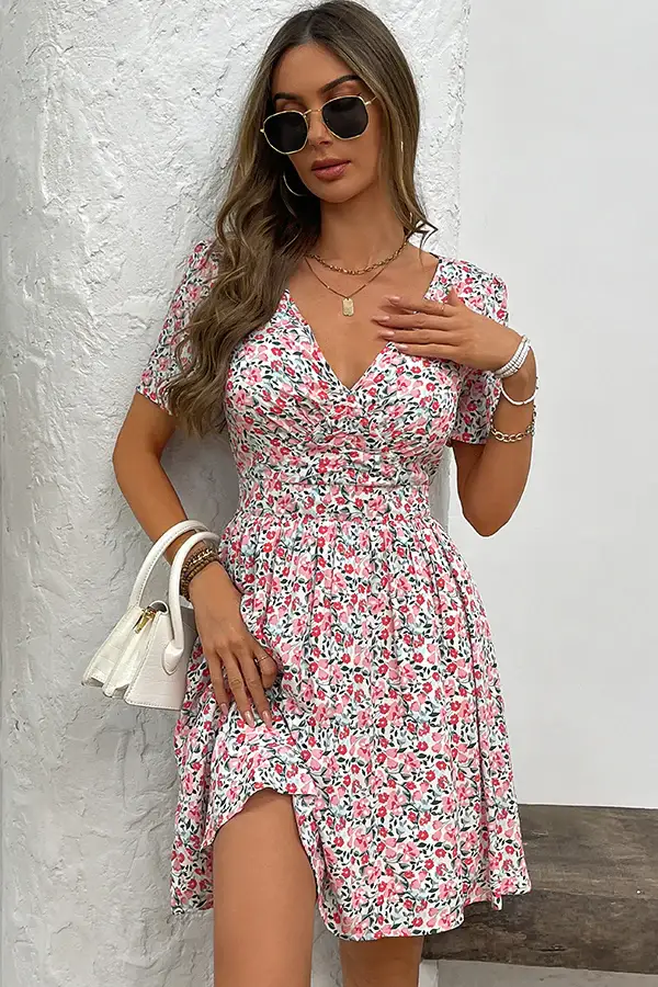 Fashion V Neck Floral Print Casual Dress