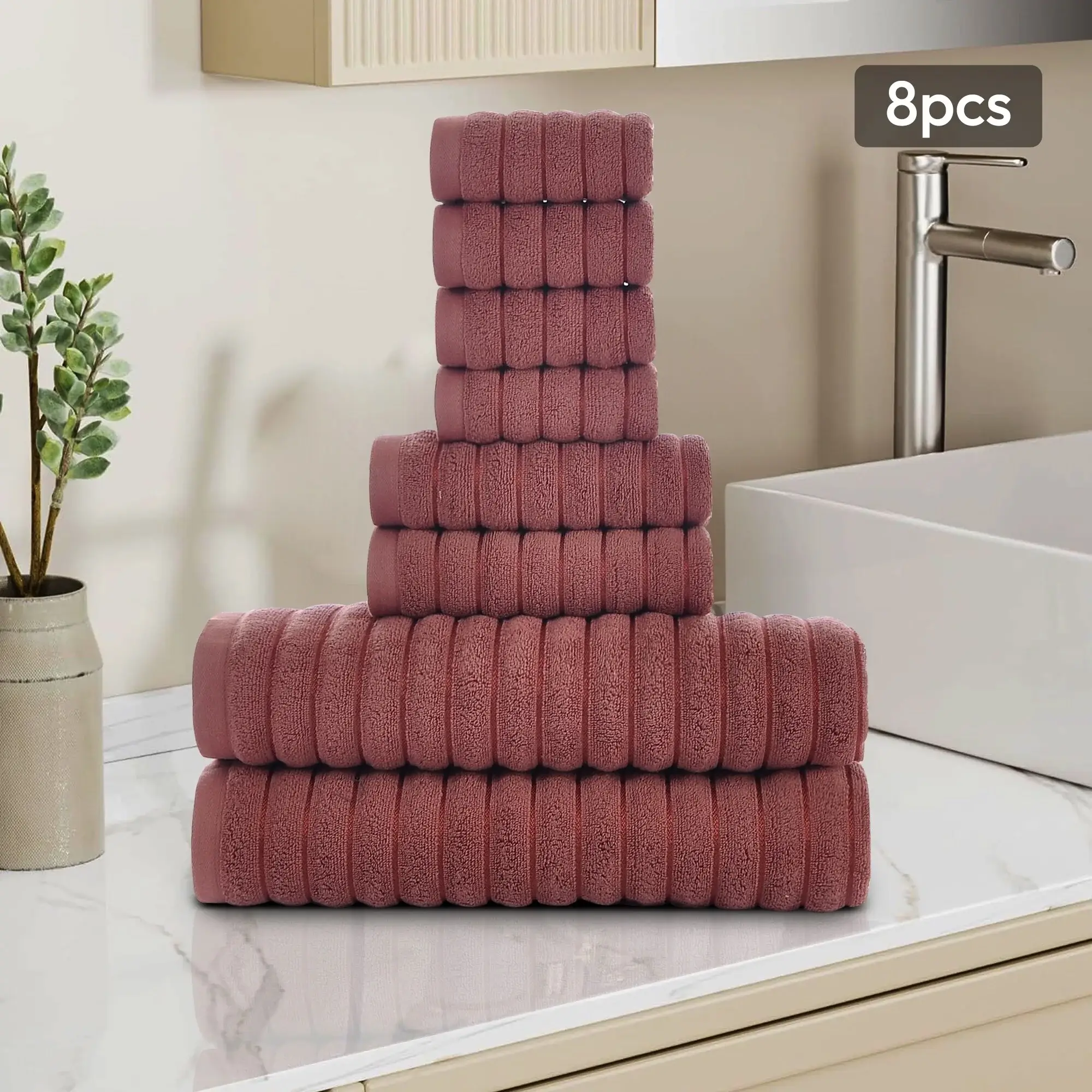 8 Piece Oversized Bath Towel Set, 100% Cotton Bath Towels, Highly Absorbant Bordered Towels