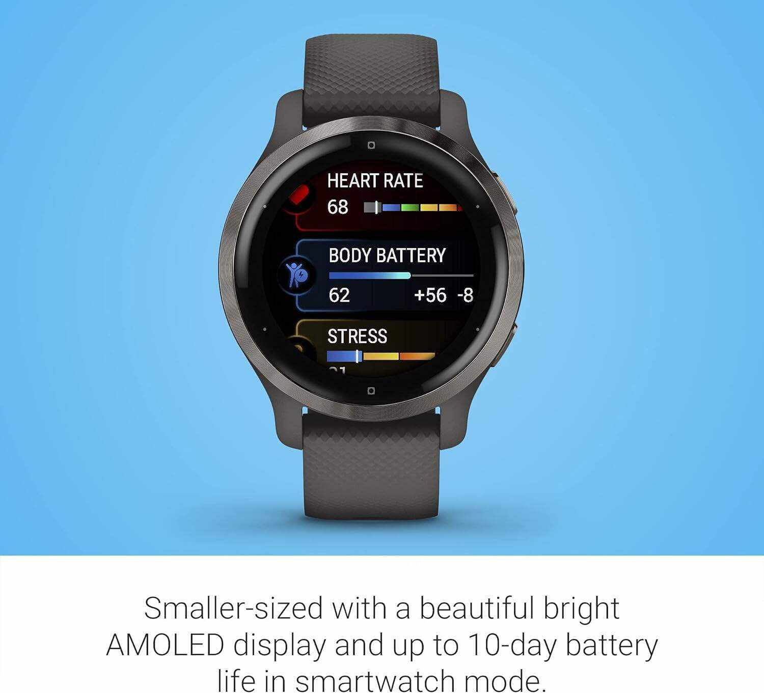 Garmin Venu 2, GPS Smartwatch with Advanced Health Monitoring and Fitness Features, Slate Bezel with Black Case and Silicone Band , 27.9 mm