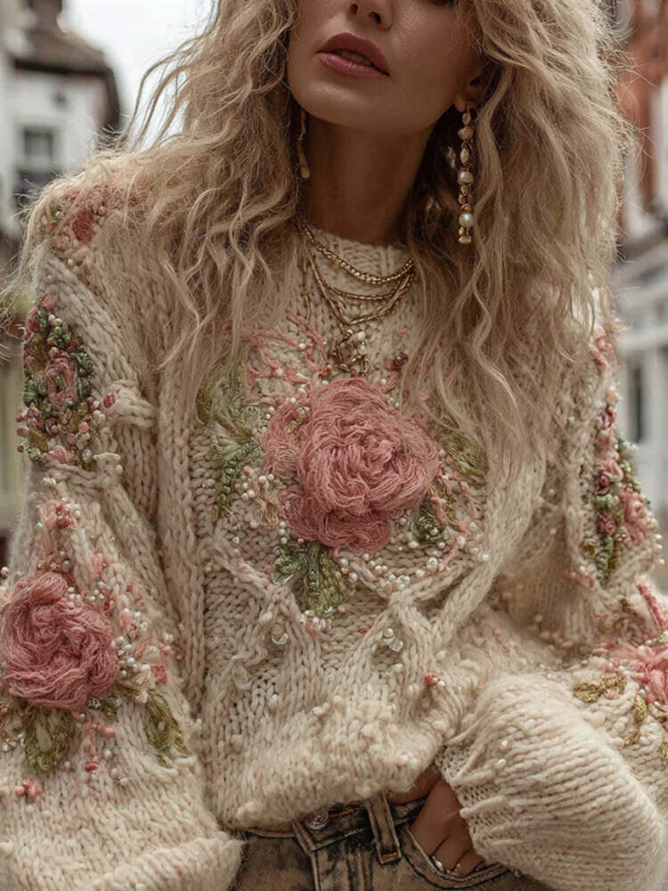 Women's Vintage Rose Floral Chunky Knit Warm Crew Neck Sweater