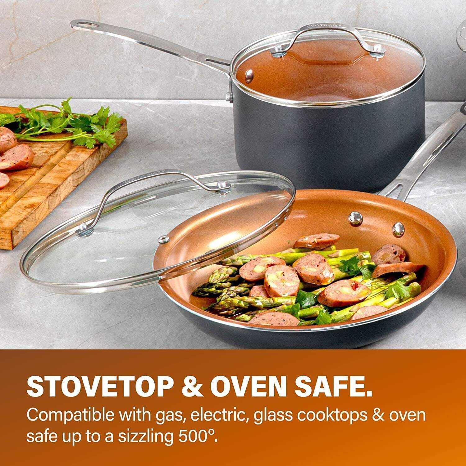 Steel Pots and Pans Set, 20 Pc Non Stick Cookware Set, Long Lasting Nonstick Kitchen Set with Pan Set, Pot Set, Baking Set, Stay Cool Handles, Dishwasher Safe, 100% Toxin Free-Copper