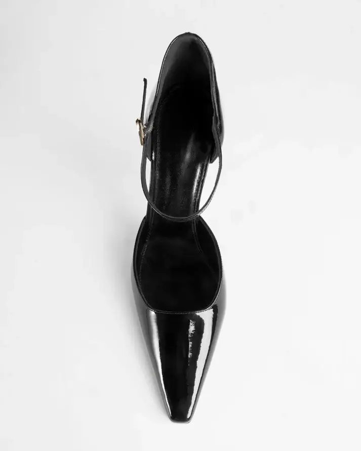 Black Patent Leather Pointed-Toe Ankle Strap Stiletto Pumps
