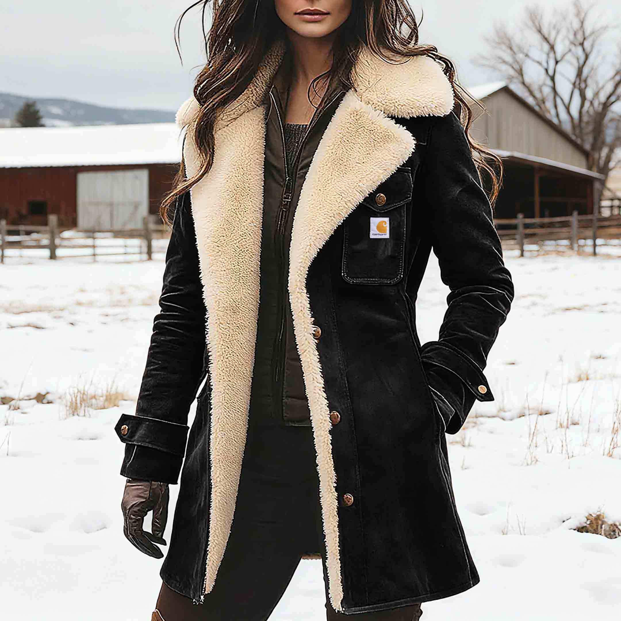 Women's Carhartt Vintage Brown Suede Fleece Lapel Collar Mid-Length Shearling Coat Jacket
