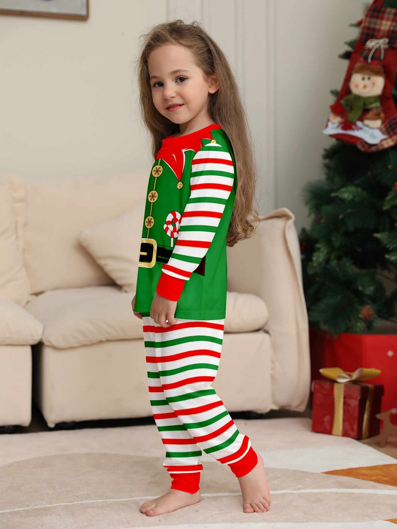 2024 3D Print Christmas Family Pajamas Red Green Striped Crutch Xmas Pajamas