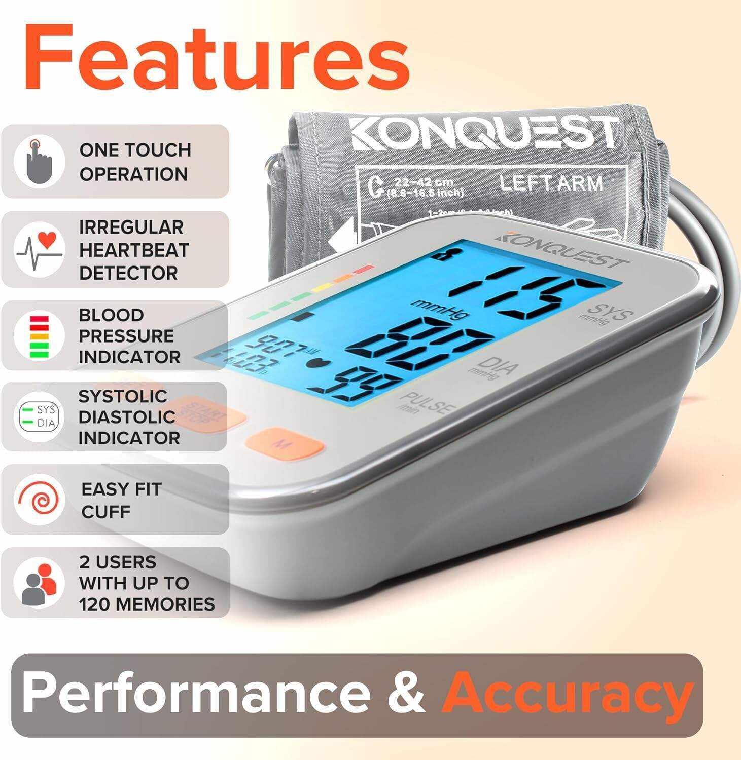 Konquest KBP-2704A Automatic Upper Arm Blood Pressure Monitor - 8 1⁄2 ” to 16 1⁄2 ” Cuff - Large Backlit Display - Irregular Heartbeat Detector - Tensiometro Digital - Home Use BP Machine
