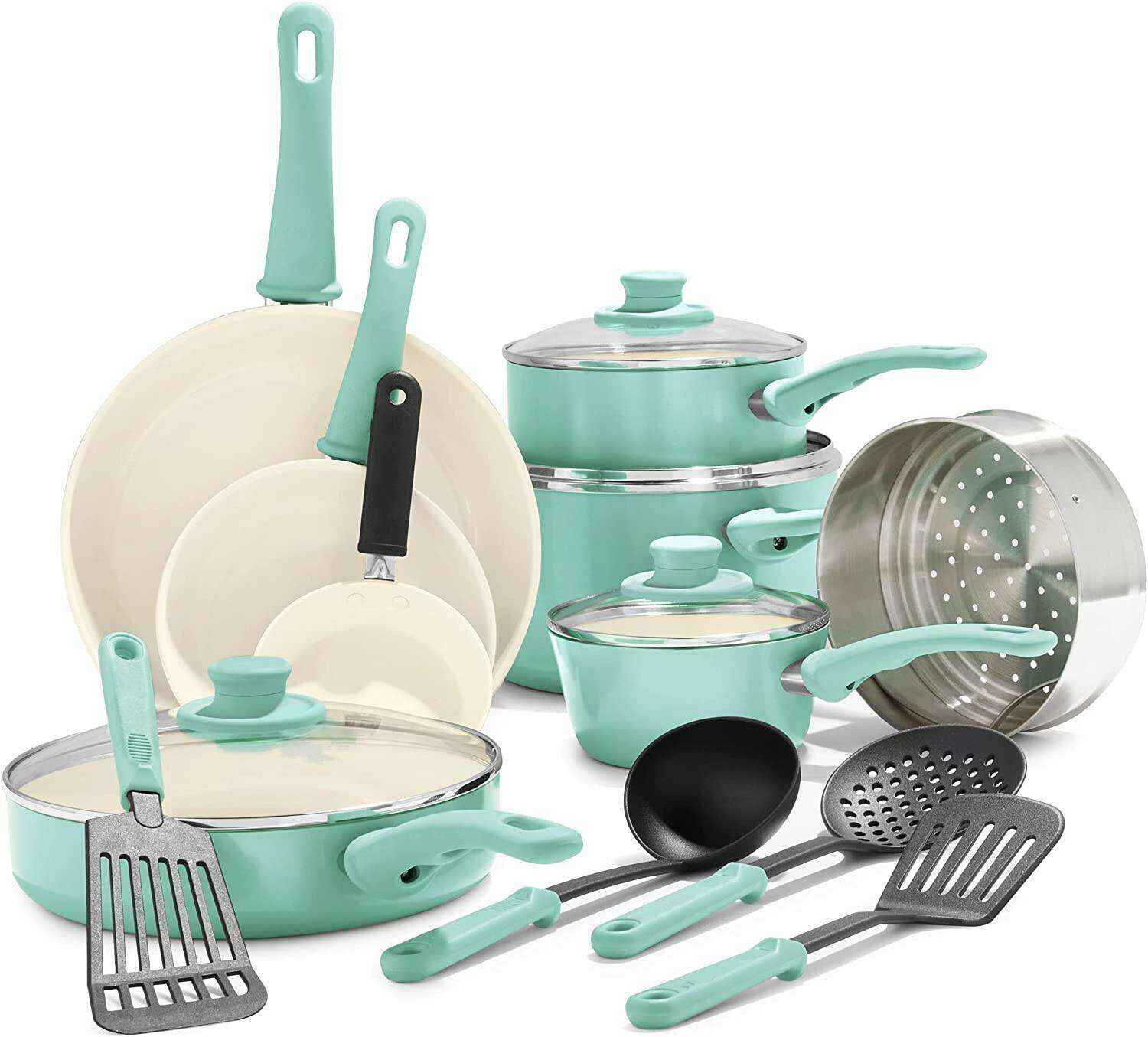 Soft Grip Healthy Ceramic Nonstick 16 Piece Cookware Pots and Pans Set, PFAS-Free, Dishwasher Safe, Turquoise
