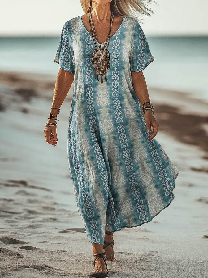 Women's Art Floral Hippie Vintage Print V Neck Dress